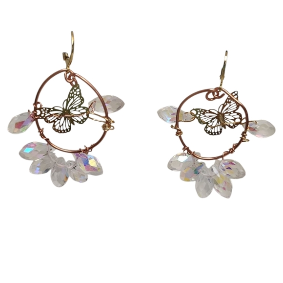 18K Gold Plated Butterfly Crystal Cooper Hoop Earrings - Picture 2 of 4